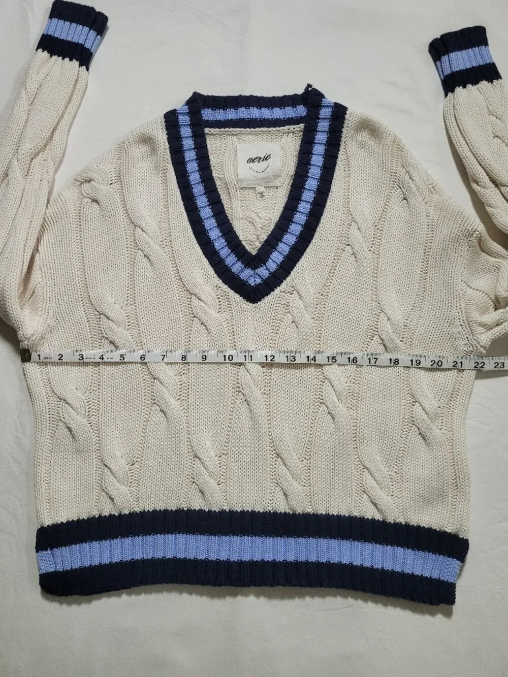 Aerie Striped V Neck Cable Knit Tennis Sweater Ivory Blue XSmall Preppy FLAW